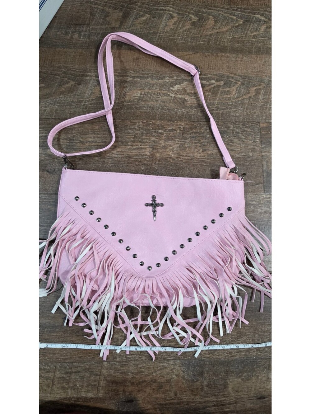 Pink Faux Leather Fringe Crossbody Bag with Studded Detail - Picture 4 of 9